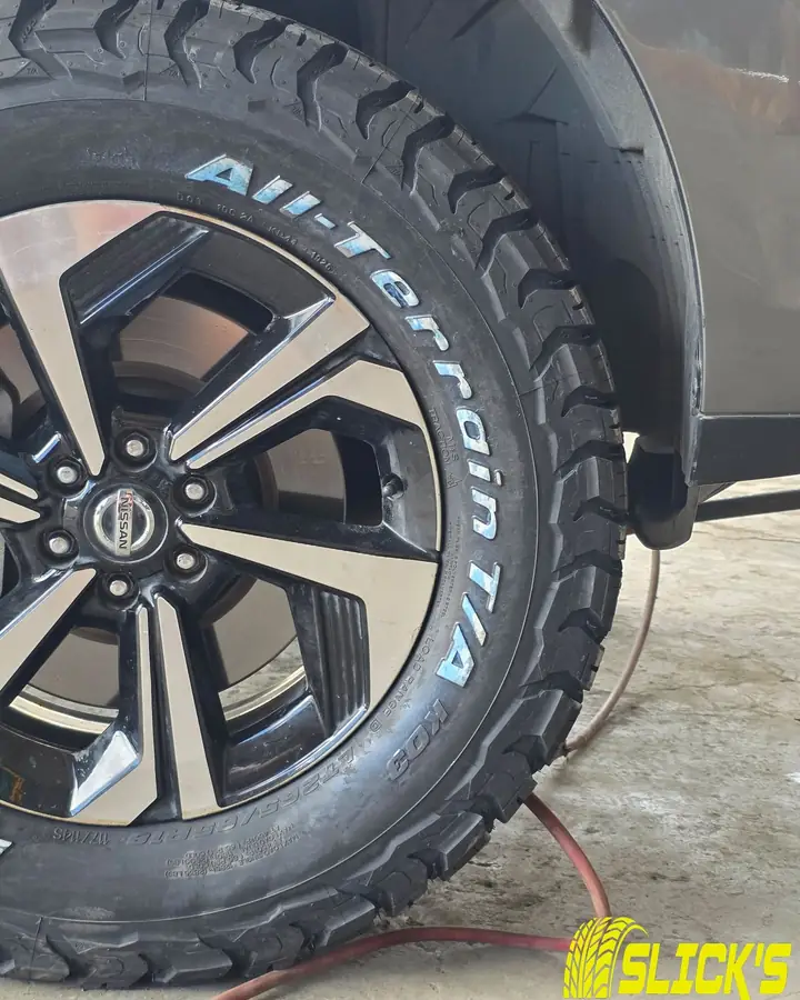 Close view of an all-terrain tire and alloy wheel